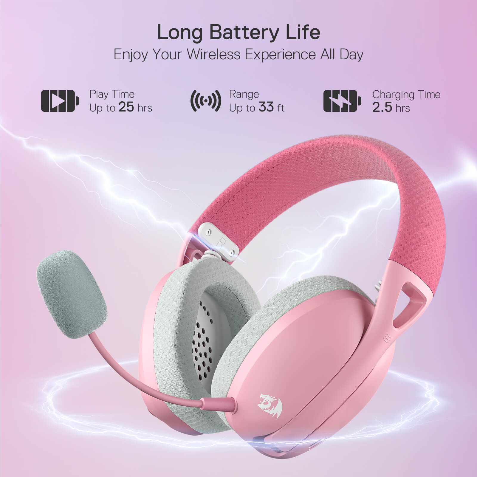 Redragon H848 IRE PRO Tri-Mode Wireless Gaming Headset (Pink) — pink headset rechargeable-listening feature