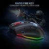 Redragon M923 wired mouse close-up highlighting the rapid-fire button