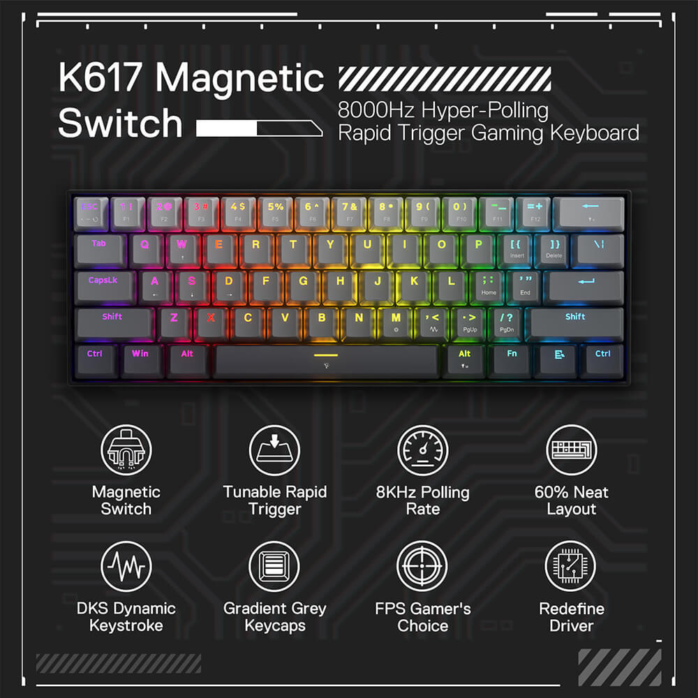 Gaming Keyb Redragon K617 FIZZ 60% Rapid Trigger Wired Magnetic Switch Gaming Keyb