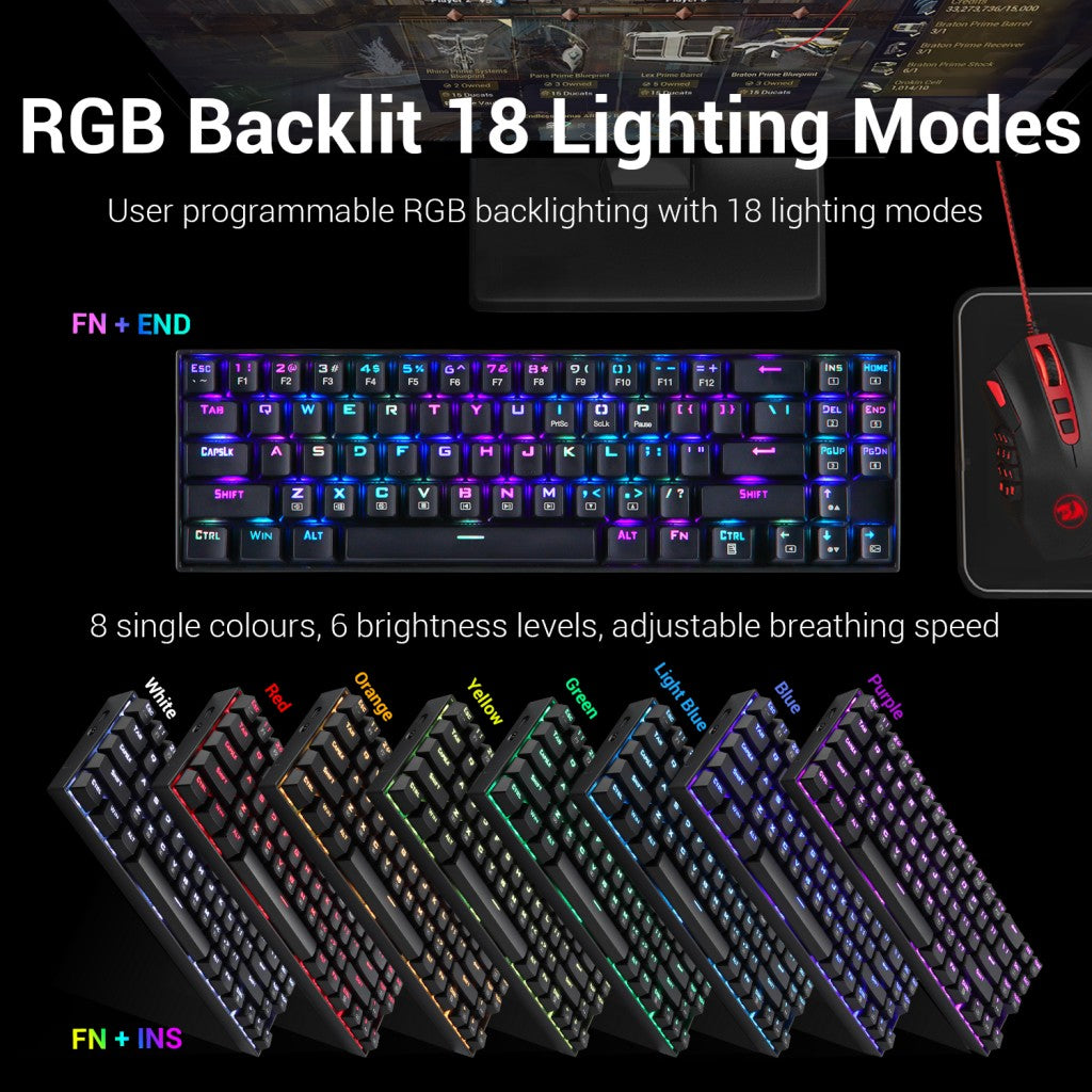 Redragon K599 KRS DEIMOS RGB Wireless Mechanical Gaming Keyboard, 70 Keys Tenkeyless Red Switches